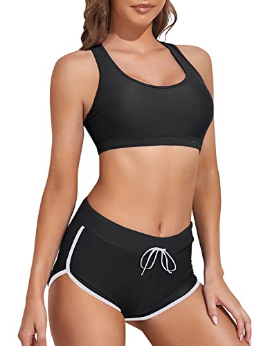 Women Two Piece Sports Bikini Athletic Swimsuits-Black And White