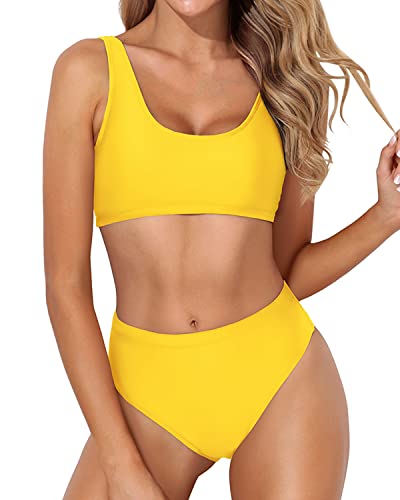 High Cut Two Piece Swimsuit Two Piece Scoop Neck Bikini For Women-Neon Yellow