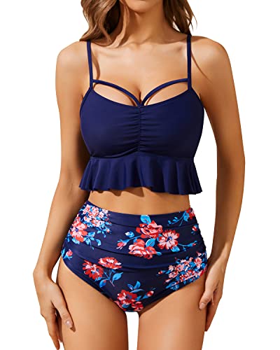 Fashionable Appearance Feminine High Waist Bikini Sets-Navy Blue Floral