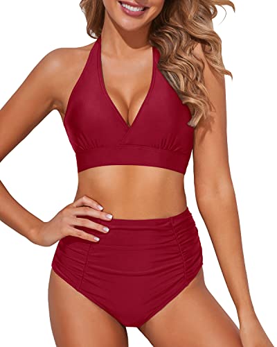 Flattering Ruched High Waisted Two Piece Bikini Set For Women-Red