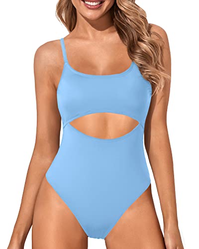 Cutout Strappy Lace Up One Piece Swimwear For Women-Light Blue