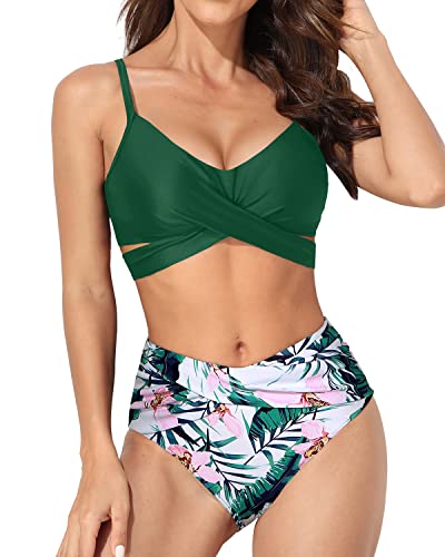 High Waisted Twist Front Push Up Bikini Set Criss Cross Push Up Bikini-Green Tropical Floral