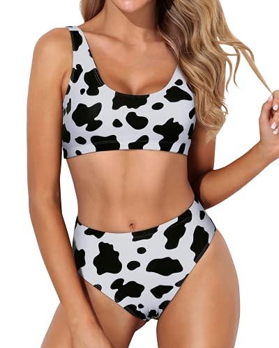 Stretches Torso Two Piece Swimsuit Sports Two Piece Bikini For Women-Black And White Cow Pattern