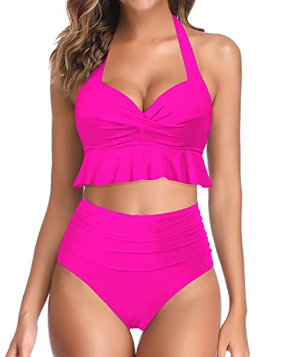Tummy Control Swimsuits Two Piece Swimsuits-Neon Pink