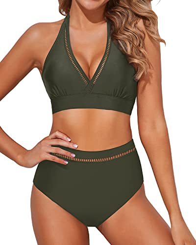 2 Piece Trendy Deep V Neck High Waisted Bikini Sets For Women-Army Green