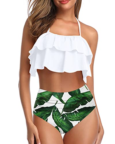 Vintage Halter Bikini Ruffled Tummy Control Bottoms-White Leaf