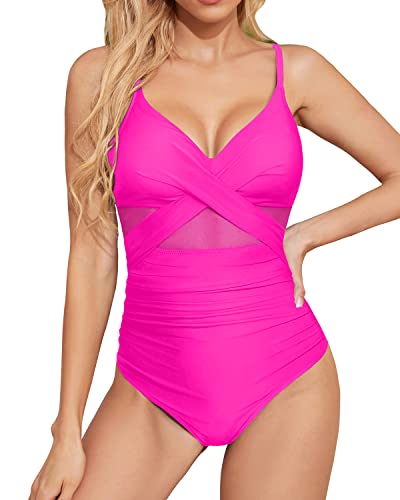 One Piece Cutout V Neck Push Up Tummy Control Swimwear For Women-Neon Pink