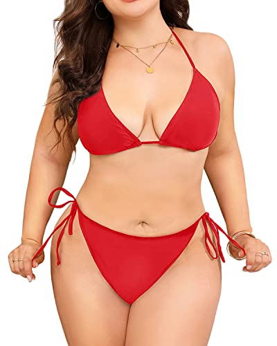Women's Charming Halter Plus Size String Triangle Bikini-Red