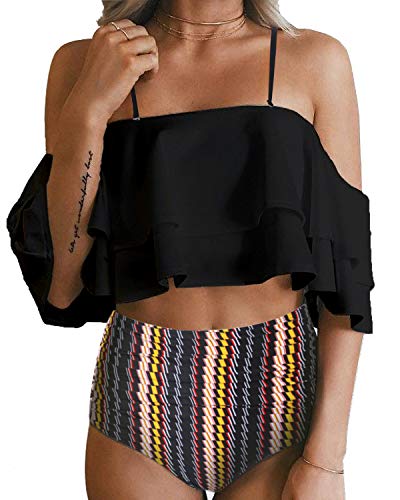 Removable Padded Two Piece Swimsuit For Women High Waisted Bottoms-Black Tribal