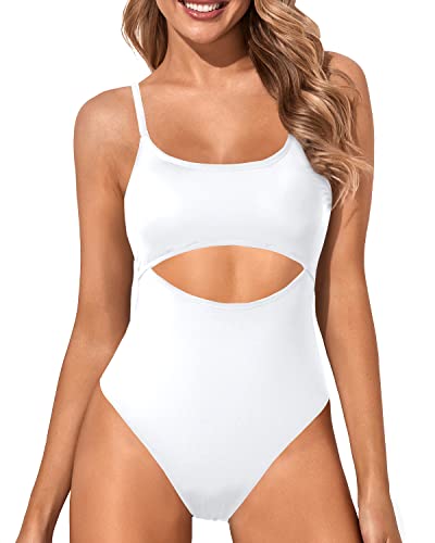 High Cut Scoop Neck Cutout One Piece Swimsuit For Women-White
