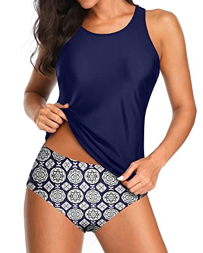 Stylish Tankini 2 Piece Swimsuits High Neck Tankini Top Bottoms-Navy Blue Tribal