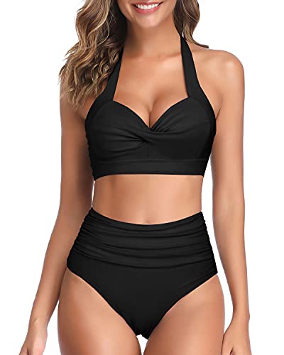 Women Two Piece Vintage Swimsuit Halter Ruched High Waist Bikini-Black