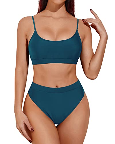 2 Piece Slim And Sexy High Waisted Bikini Sporty Scoop Neck Swimsuits-Teal