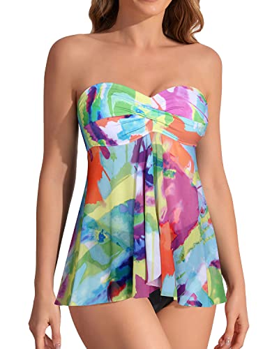 Two Piece Flyaway Strapless Bandeau Tankini Swimsuit For Women-Color Tie Dye