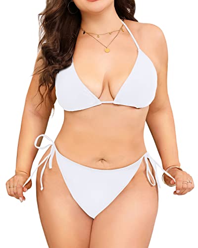2 Piece Plus Size Triangle Bikini Set Side Tie for Women-White