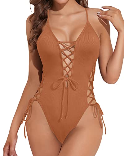 High Cut Bottom Sexy One Piece Swimsuit For Women-Brown