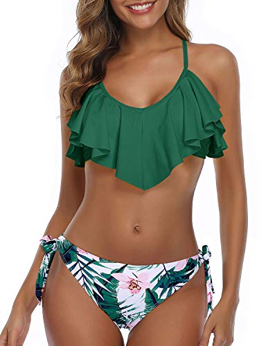 Flounce Bikini Top Women Cross Back Bathing Suit-Green Tropical Floral