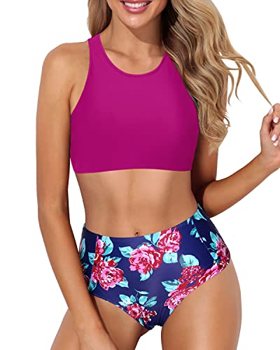 High Waisted Athletic Racerback Two Piece Bikini Set-Pink Floral