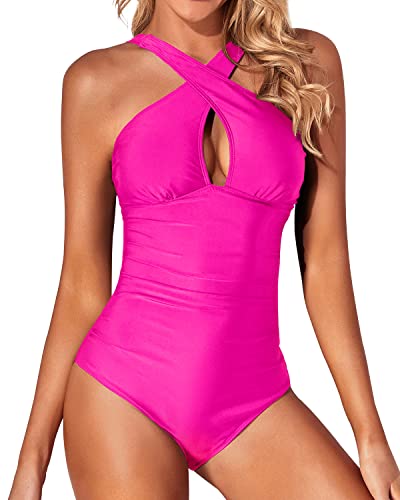 Wide Straps One Piece Tummy Control Bathing Suit-Neon Pink