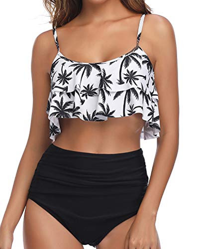2 Piece Bikini Set High Waisted Ruffle Flounce Top And Bottoms-Black Palm Tree