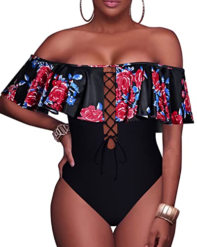 Lace-Up Strapless Bathing Suit For Ladies-Black And Red Floral