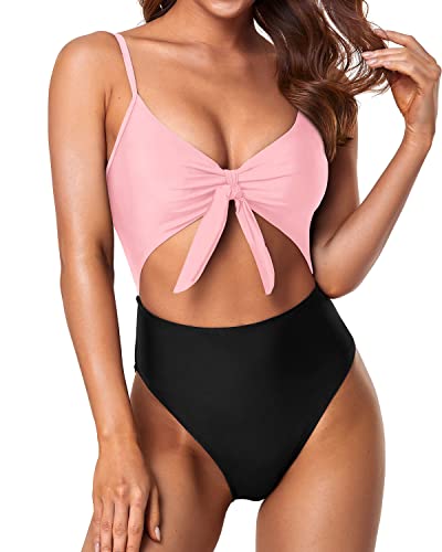 Cutout Spaghetti Strap Swimsuits Sexy Monokini-Pink And Black