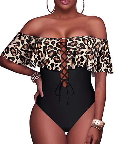 Trendy Strapless Off The Shoulder One Piece Swimsuit For Teens-Black And Leopard