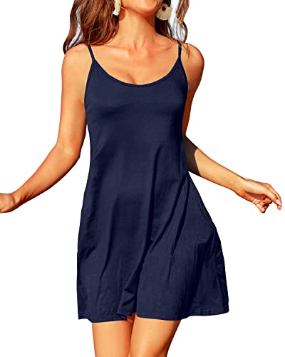Spaghetti Strap Sundresses Tank Top Dress Swim Cover Up For Women-Navy Blue