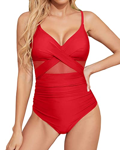 Sexy Cutout One Piece Swimsuit Ruched Tummy Control For Women-Red