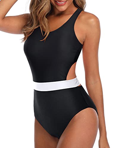 Modest Swimsuit One Piece Tummy Control Cutout Swimsuits For Teen Girls-Black And White