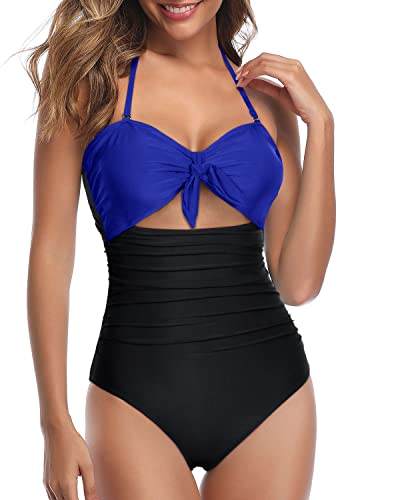 Stylish High Waisted One Piece Swimsuits Halter Backless One Piece Swimsuits-Royal Blue And Black