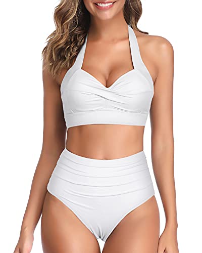 Two Piece Halter Ruched Highwaist Bikini Adjustable Straps Bathing Suit-White