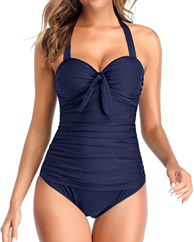 Ruched Shirred One Piece Tummy Control Swimsuits For Women-Navy Blue