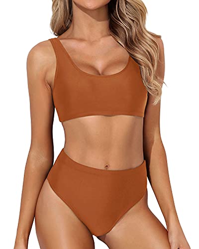 Removable Padded Swimsuit Two Piece Scoop Neck Bikini For Women-Brown