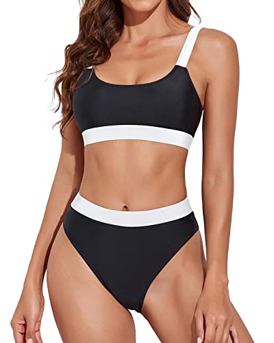 Women Two Piece Bikini Swimsuits Bottoms High Rise Athletic Bikini-Black And White