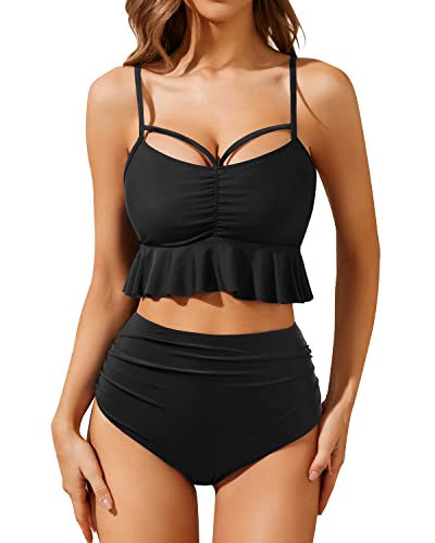 Two Piece Flounced Hem Push-Up Crop High Waist Bikini Sets-Black