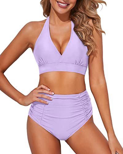 Two Piece Bikini Set Adjustable Buckles 2 Piece Bikini Bathing Suits-Light Purple