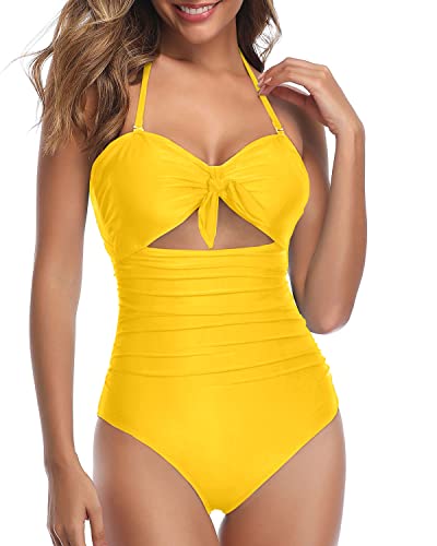 Chic High Waisted Halter Front Tie Knot One Piece Cutout Swimsuits-Neon Yellow
