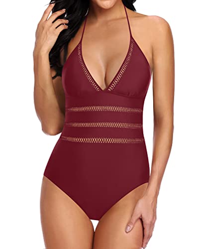 V Neck Open Back Monokini Halter One Piece Swimsuits-Maroon