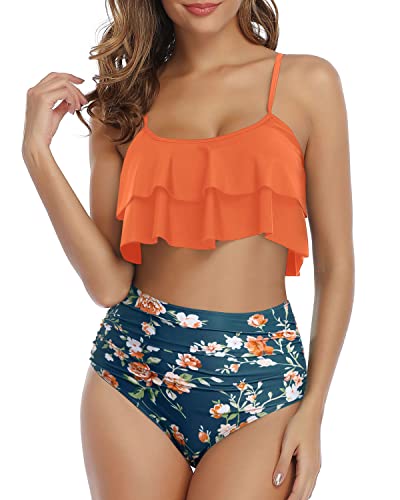 Feminine Ruffle High Waisted Ruched 2 Piece Bikini Set-Orange Flowers