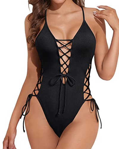 Deep Plunge V Neck Sexy One Piece Swimsuit For Women-Black