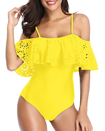 Lace Hollow Out Ruffle Flounce Off Shoulder 1 Piece Swimsuits For Women-Neon Yellow