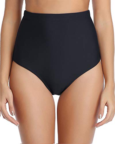Tummy Control Swimsuit Bottoms Retro High Waisted Bikini Bottoms-Black