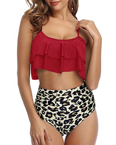 Deep Crew Neckline Bikini Set Removable Padded Push Up Bras-Red And Leopard