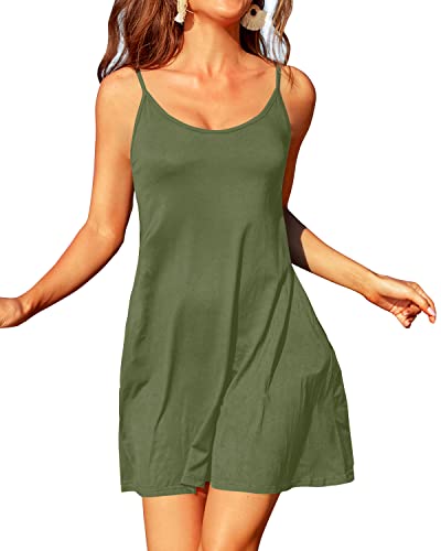 Loose Fit Casual Basic Style Spaghetti Swim Dresses-Army Green