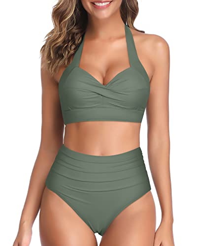 Trendy High Waist Swimsuit Two Piece Halter Bikini For Women-Army Green