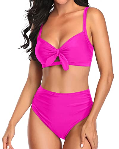 Stylish High Waisted Two Piece Swimsuit Tummy Control Ruched Bikini-Neon Pink