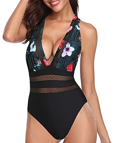 Comfy Padded Push Up V Neck One Piece Swimsuits-Black Floral