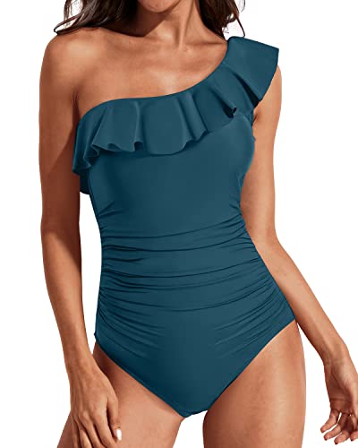Sexy One Piece Bathing Suits One Shoulder Swimwear-Teal