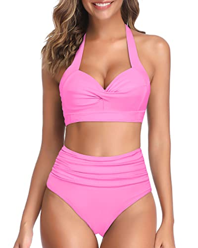 Women's Halter High Waist High Leg Bikini Swimsuit-Light Pink